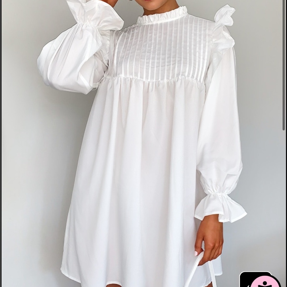 White Ruffle Binding Detail Shirt Dress